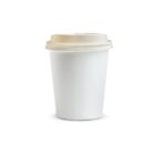A plain white disposable coffee cup with a beige lid on a white background.
