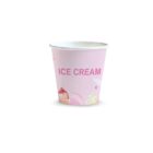 Pink paper cup with ICE CREAM text and dessert illustrations on a white background.