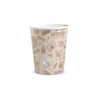 Brown paper cup with book, coffee, and stationery doodles on a white background.
