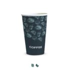 Black coffee cup with coffee and pastry illustrations and COFFEE written on the front.