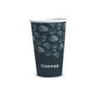 Black paper coffee cup with white COFFEE text and drawings of cups and pastries.