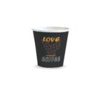 Black paper coffee cup with Love Every Day Coffee and coffee beans printed on it.