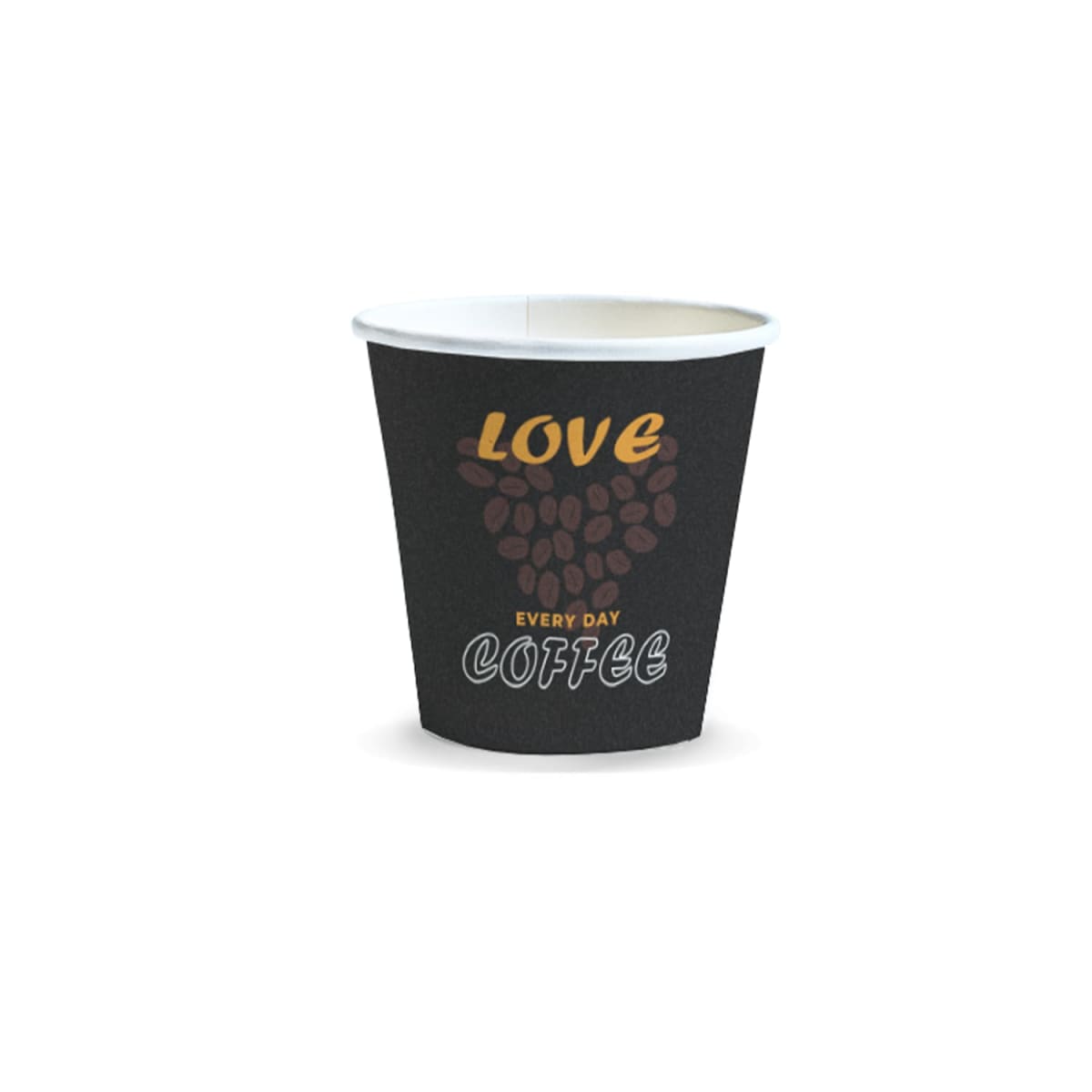 129542-0-20251118131444.jpg Black paper coffee cup with Love Every Day Coffee and coffee beans printed on it.