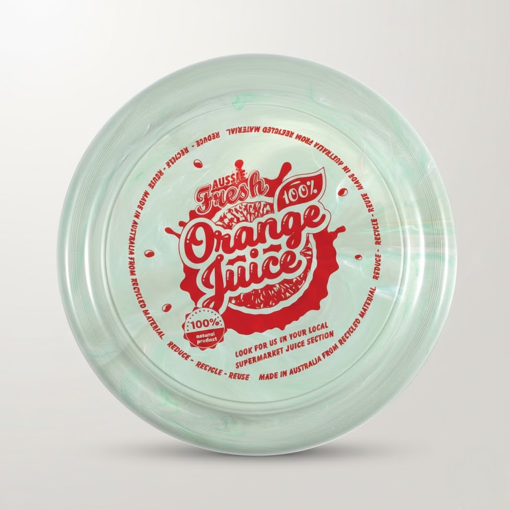 Clear plastic lid with red Aussie Fresh Orange Juice label—an Australian-made promotional item.