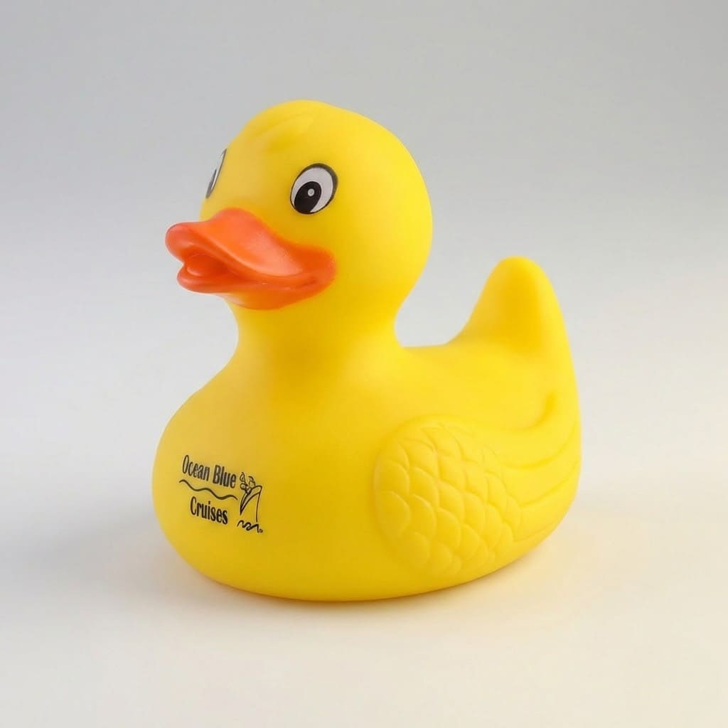 Yellow rubber duck with Ocean Blue Cruises logo—an unusual promotional product in Australia.