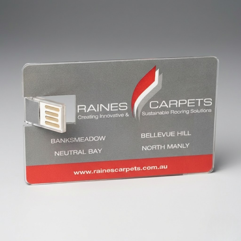 Rectangular USB business card is an unusual promo product for Raines Carpets with logo and details.