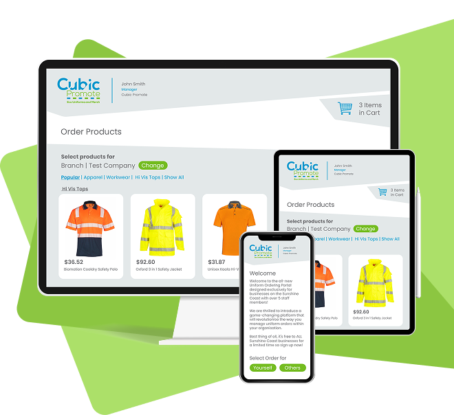 Order page for online merch on desktop, tablet, and mobile, featuring hi-vis workwear.