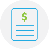 Icon of a document with a green dollar sign, blue lines, symbolizing online merch sales.
