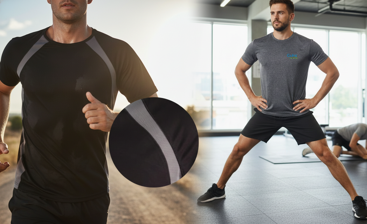 Man jogging outdoors, stretching indoors—circle inset shows sports and performance shirts fabric.