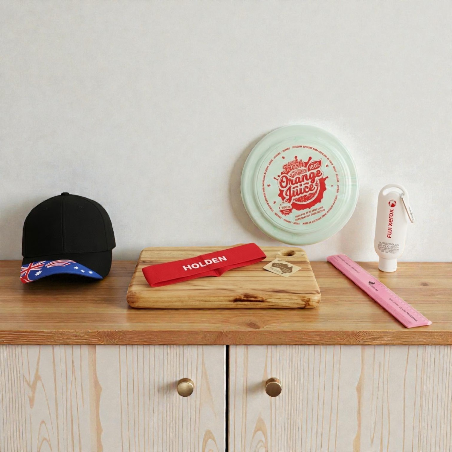 A cap, sunscreen, and more—practical Promotional Products Australia on a wooden cabinet.