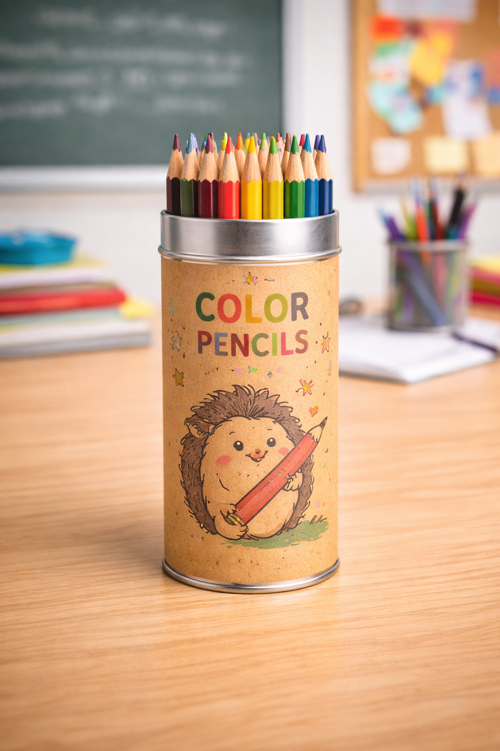 A guide to colouring pencils features a tin with a hedgehog illustration on a classroom desk.