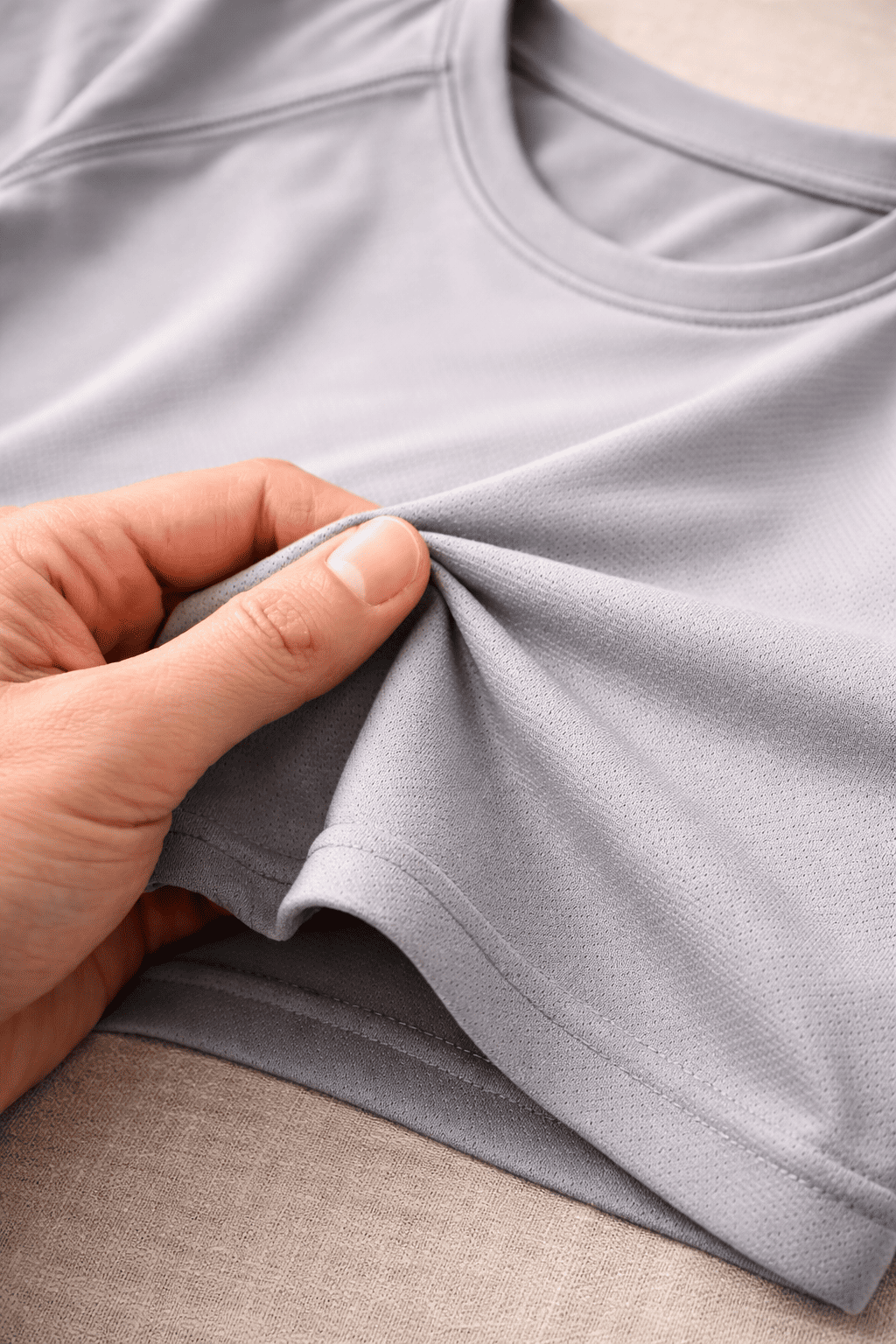 Hand stretching a light gray cool dry shirt to show its texture and flexibility.