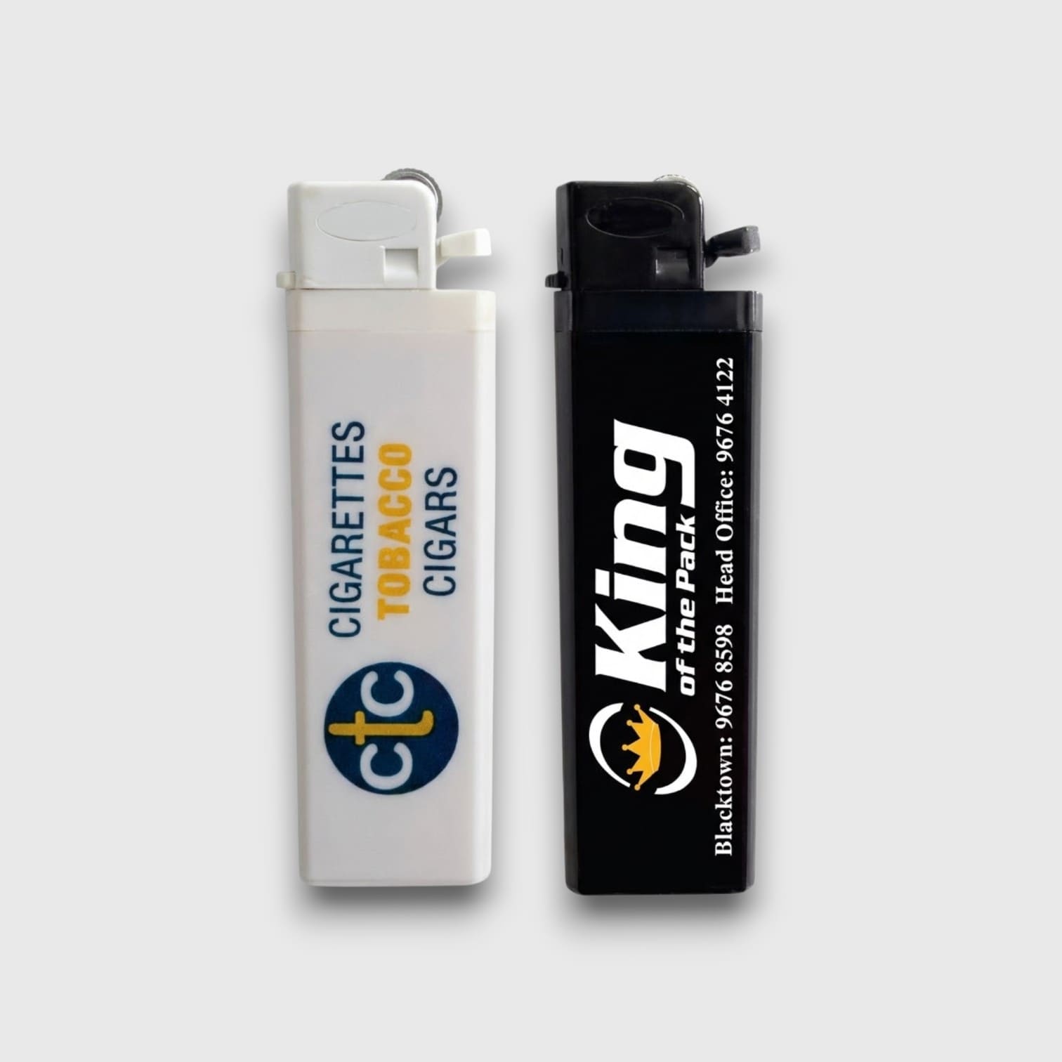 Two lighters—unique promotional items with bold text, perfect for promotional products Australia.