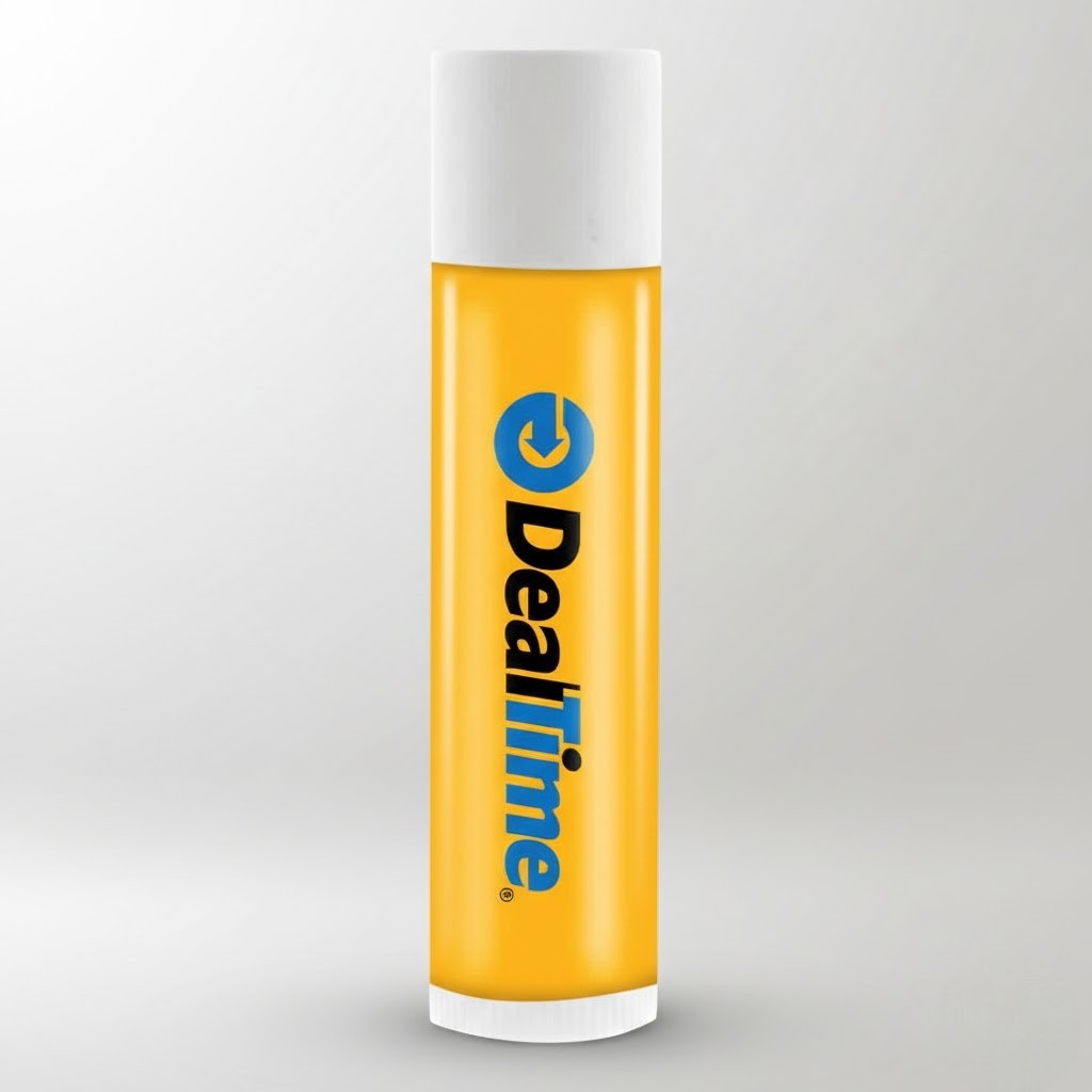 A yellow tube of lip balm, a DealTime pick for promotional products under $5, stands upright.