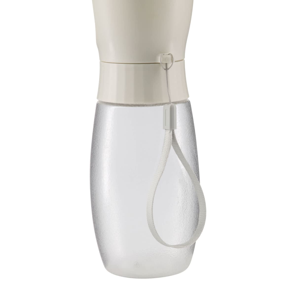 Clear bottle with a white cap and a white carrying strap attached to its neck.