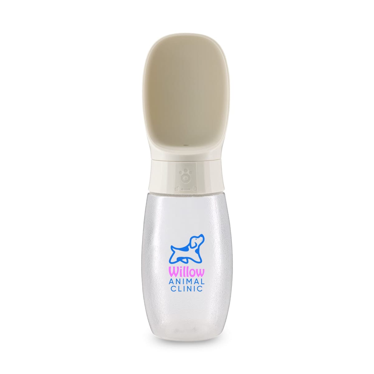 Portable pet water bottle with a scoop-like top, labeled Willow Animal Clinic.