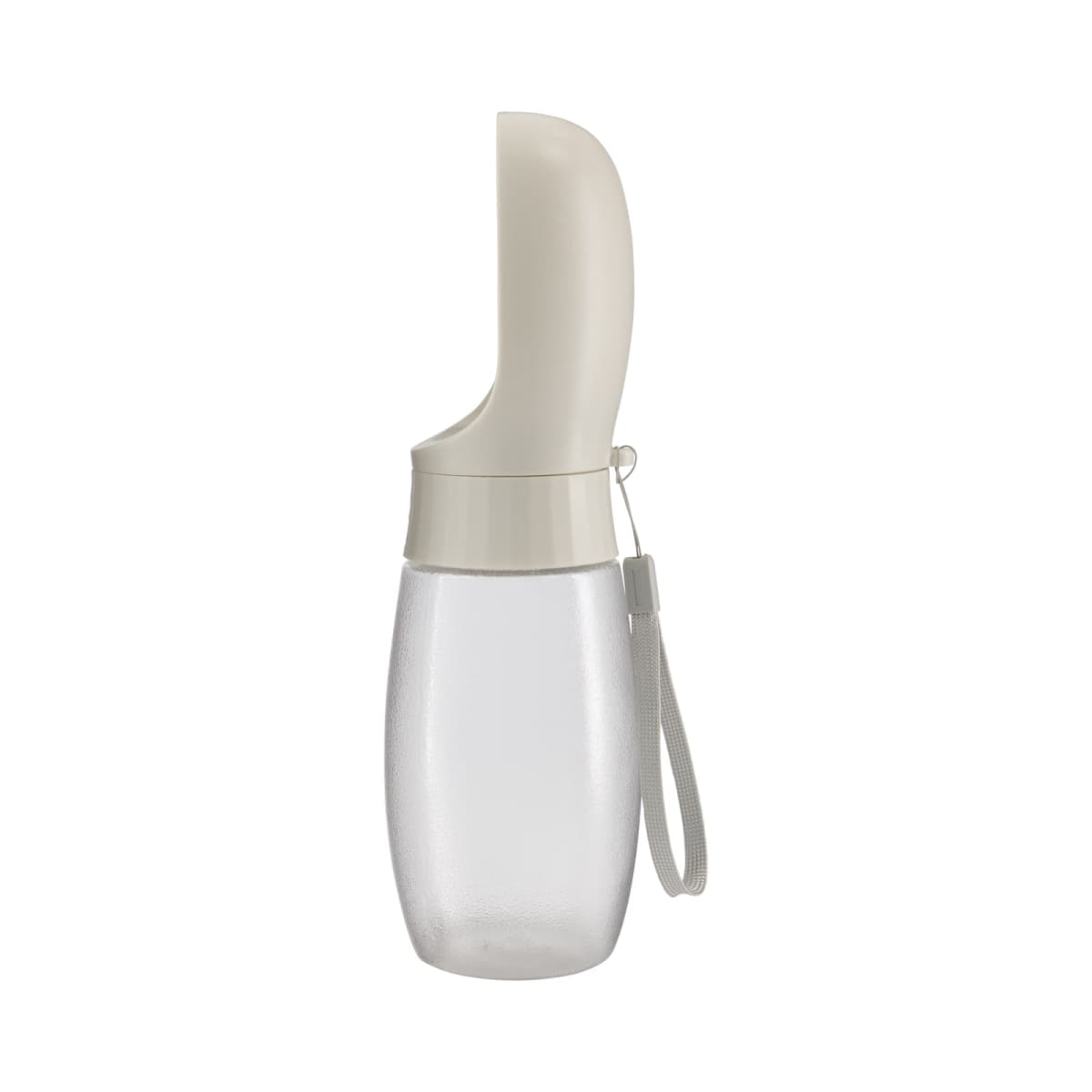 Clear plastic water bottle with a beige lid and a carrying strap, isolated on white background.