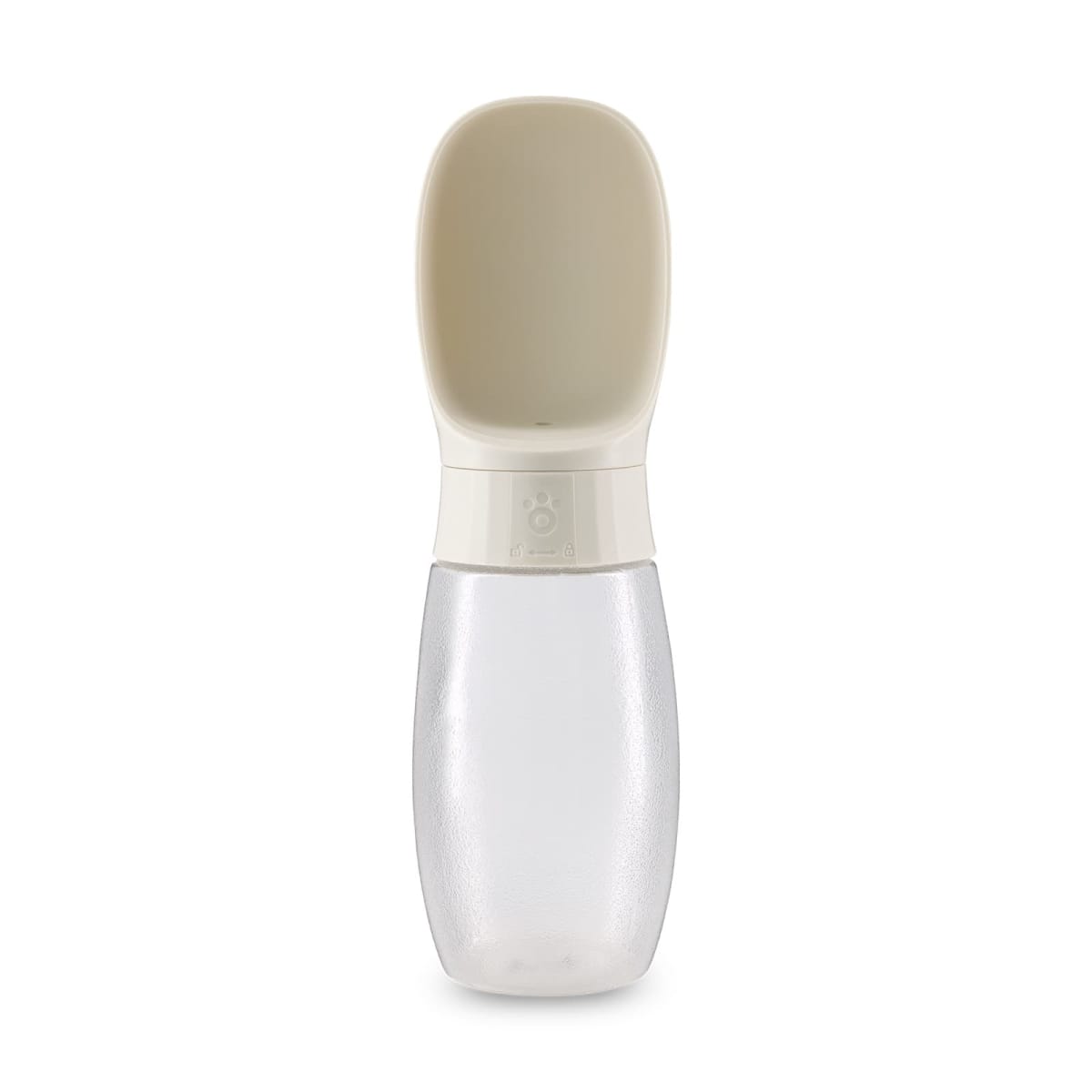 Portable pet water bottle with attached bowl, standing upright on a white background.