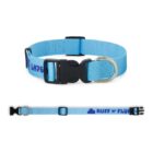 Light blue dog collar with black buckle and RUFF N FLUFF text in purple.