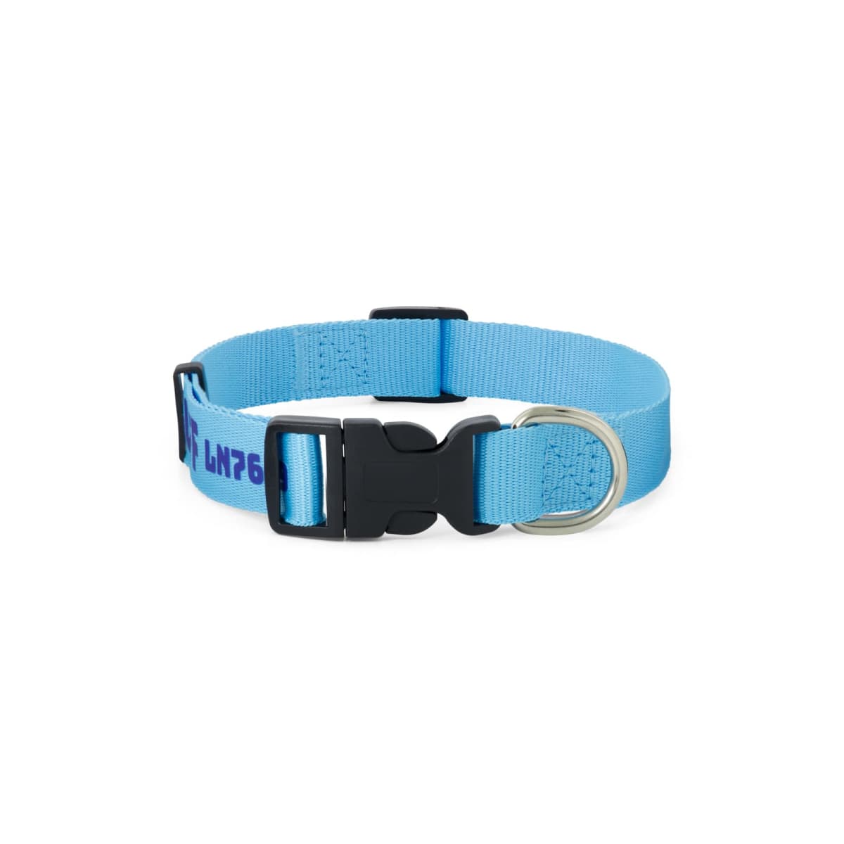 Light blue adjustable dog collar with a black buckle and a metal ring.