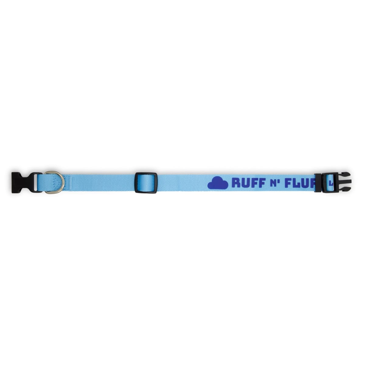 Light blue pet collar with black buckle and RUFF N FLUFF text in blue letters.
