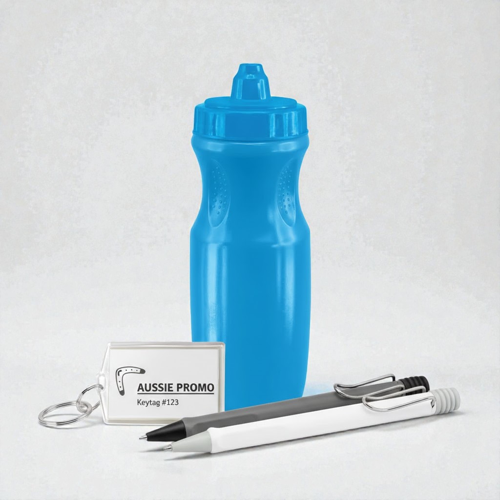 Blue water bottle, two pens, and a keytag—bamboo vs plastic promotional items on display.