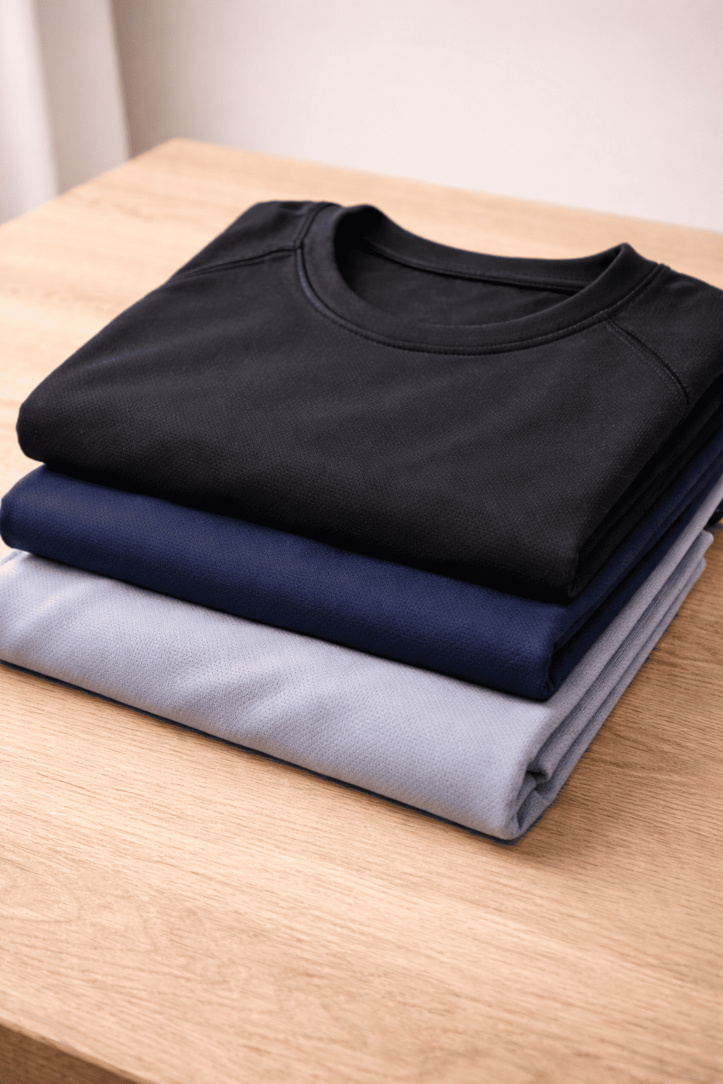Three cool dry shirts in black, navy blue, and light gray on a wooden surface.