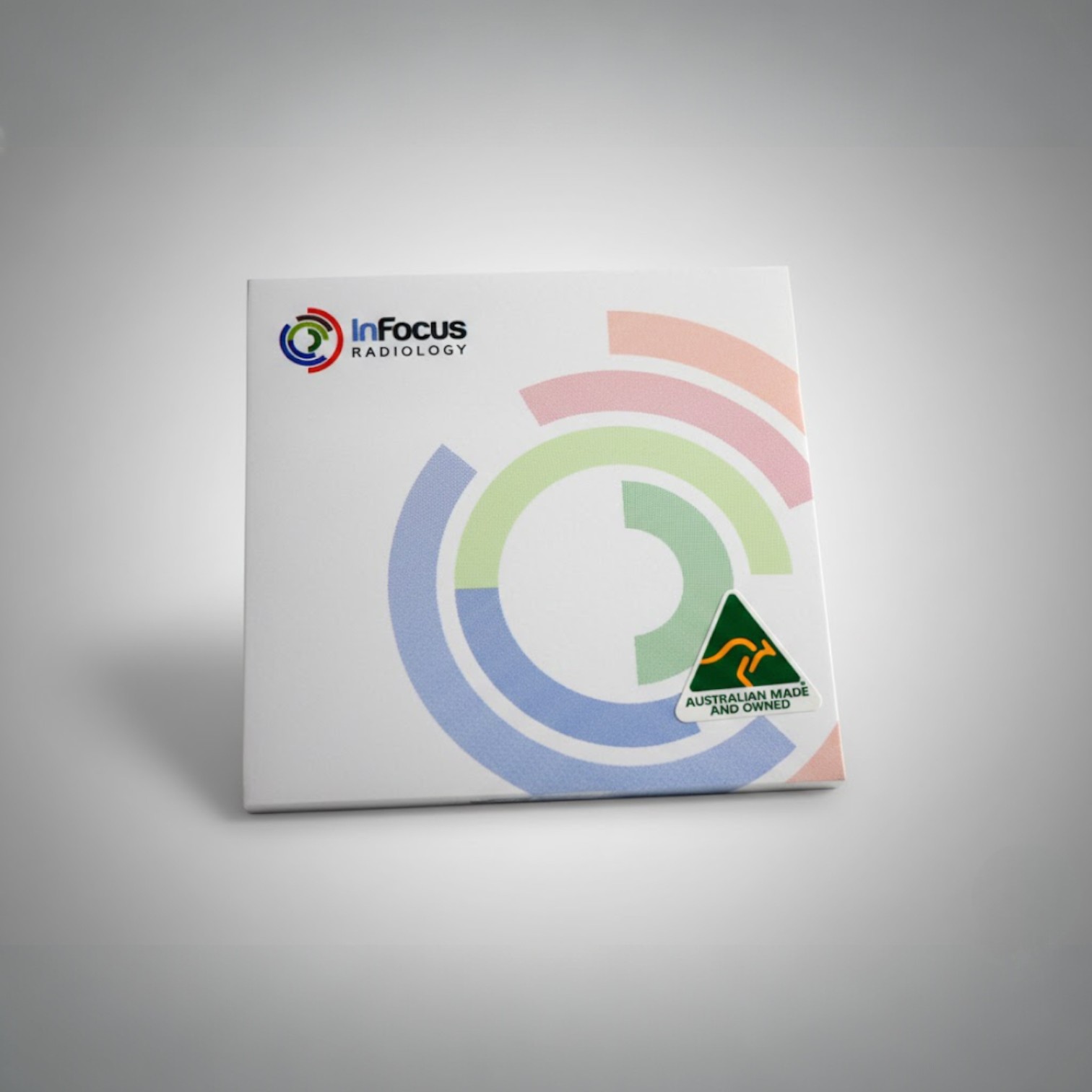 A white InFocus Radiology folder with colorful arcs, an Australian Made logo, and sticky notes.