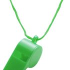 Green plastic whistle hanging on a matching green string against a white background.