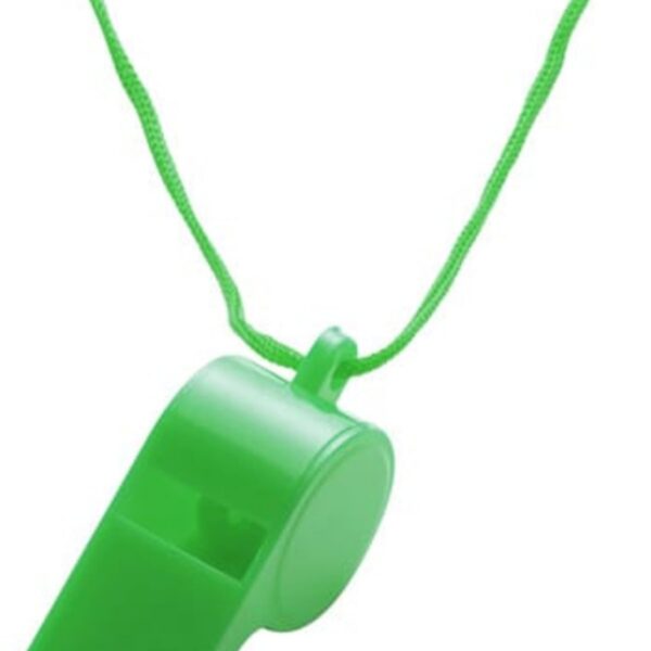 Green plastic whistle hanging on a matching green string against a white background.