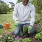 Someone kneels in a garden planting flowers, wearing Gildan Heavy Cotton Adult Long Sleeve T-Shirts.