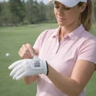 Woman in pink polo wears Qmark Logo Golf Gloves on the golf course.