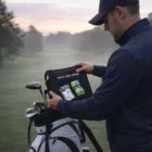Man putting a Golf Day Merchandise Pack into a golf bag at sunrise.