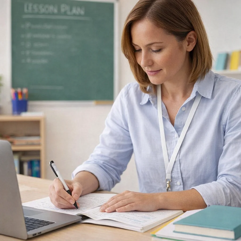 Woman writing at desk with open laptop, Lasso Lanyards hanging nearby.
