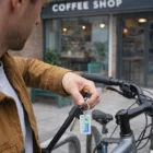 Man locks his bike outside a coffee shop, holding Metalum Rectangular Metal Key Rings.