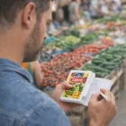Man makes a shopping list in his Custom Pocket Note Book at an outdoor market with produce.