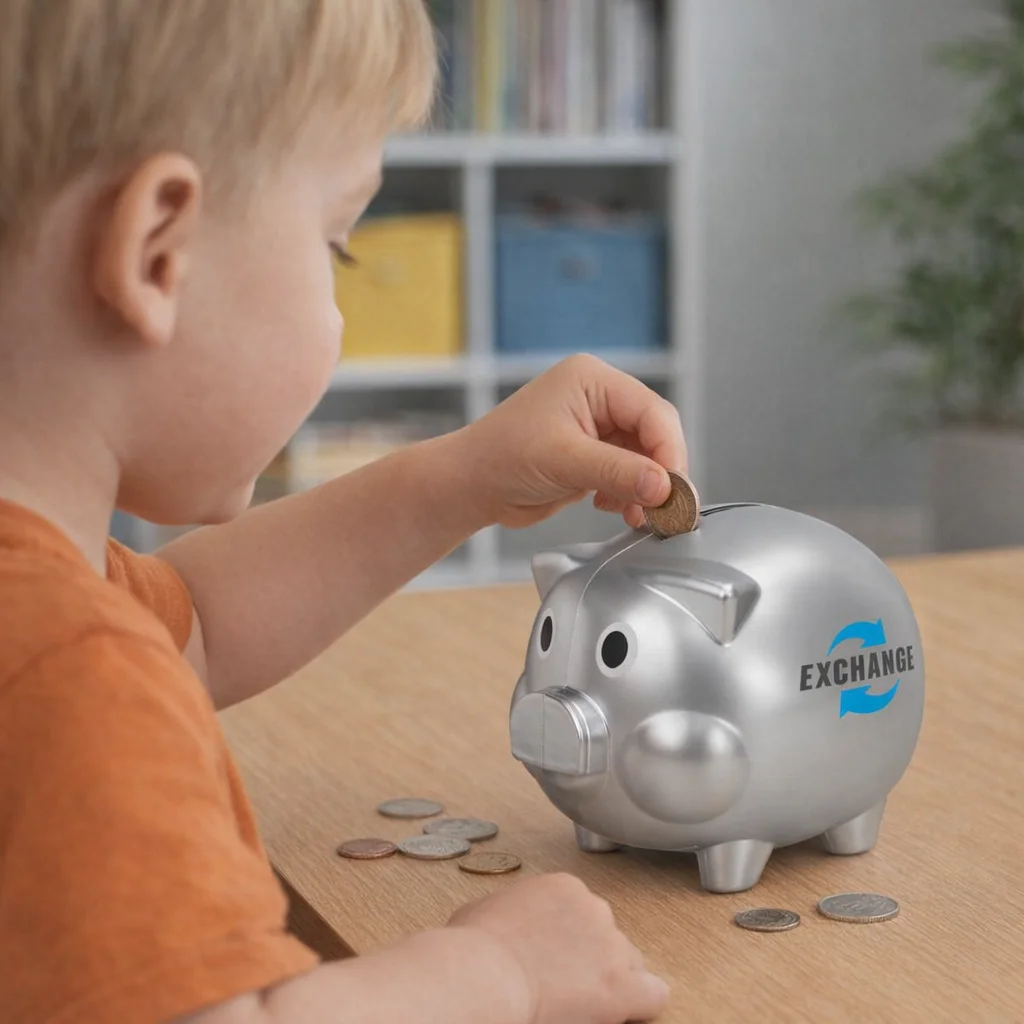 A child puts a coin into a Chubbyfund Piggy Bank labeled Exchange on the table.