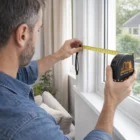 Person using Locking Tape Measures to measure a window frame in a bright, well-lit room.