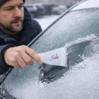 A man clears his car window with Ice Scrapers on a snowy day.