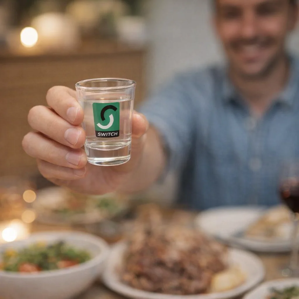 Smiling man holds Boston Shot Glasses with green Switch logo at a table with food.