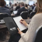 Woman taking notes at a conference with an Outpost Portfolios brochure visible.
