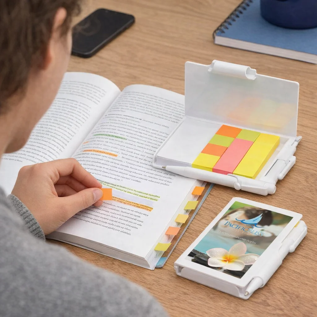 A person marks a book with Flicknotes Flag Pads; more pads and a notebook are on the table.