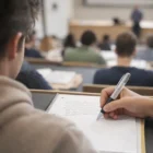 Student takes notes in a lecture hall, writing in a notebook with a Rivet Pen.