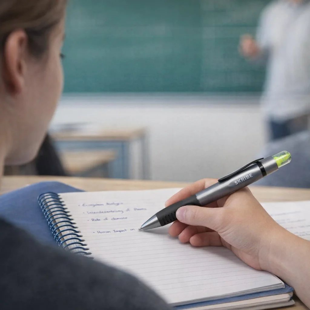 Person writing notes with a Skribe Pens With Highlighter in a spiral notebook in class.