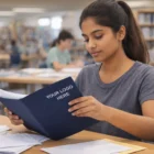 Young woman reading Uncoated Branded A4 Folders in a library with papers on the table.