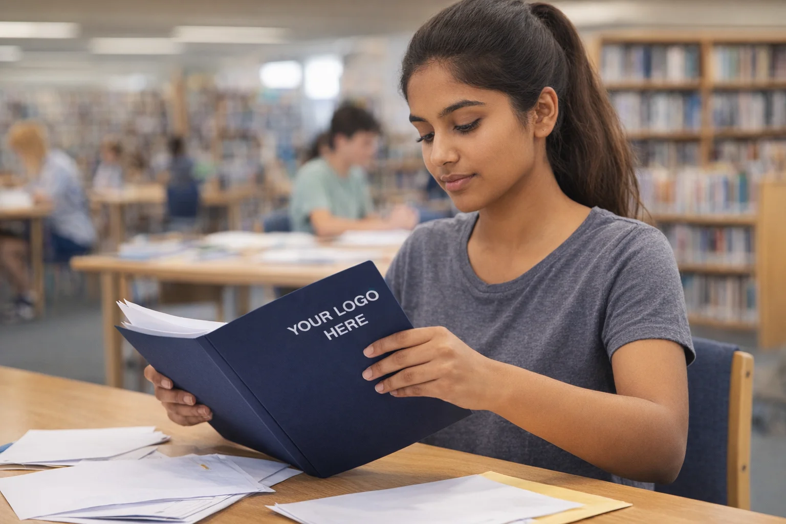 Young woman reading Uncoated Branded A4 Folders in a library with papers on the table.