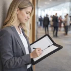 Woman with a Credevo Zip Portfolio writes in a notebook, standing in an office hallway.