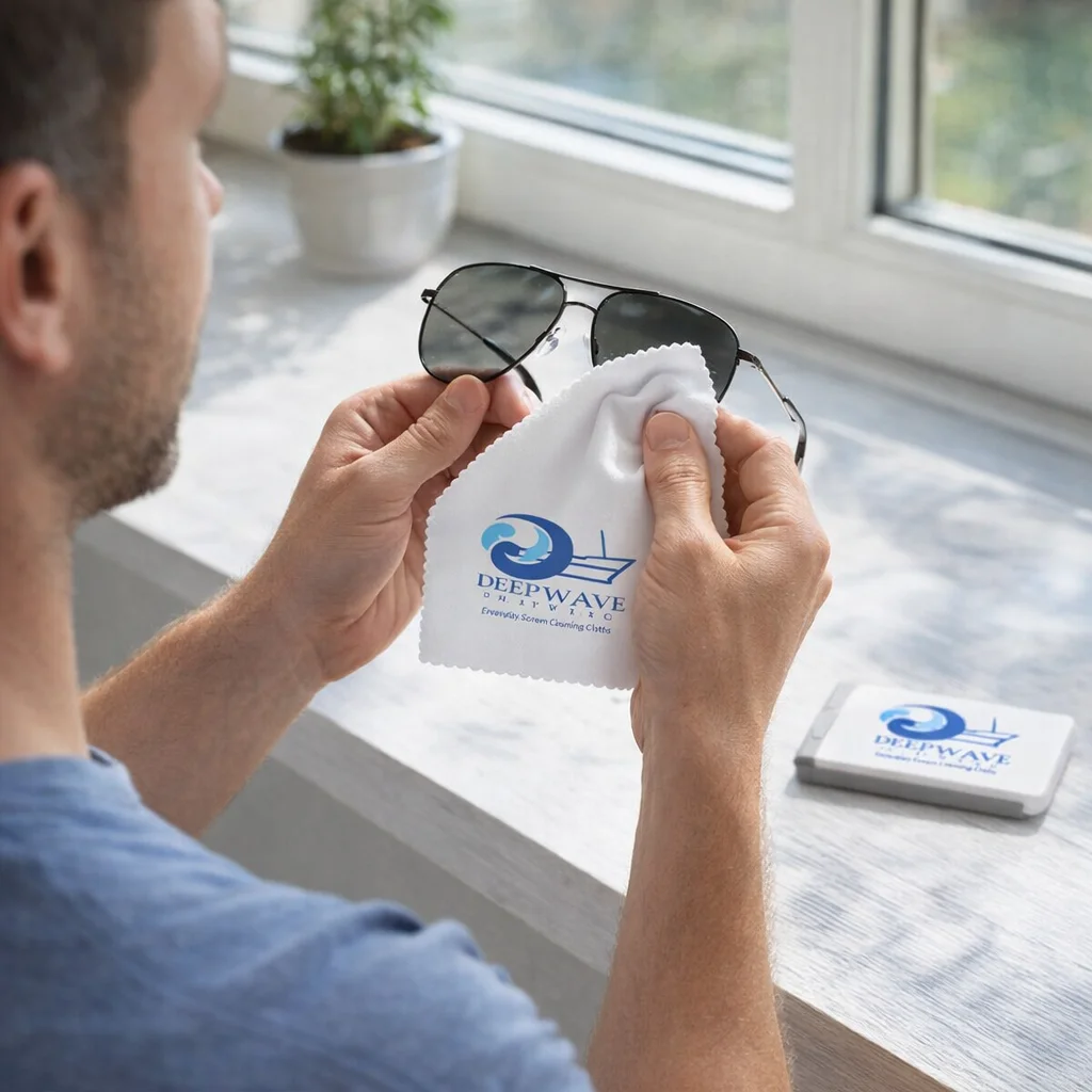 Person cleaning sunglasses with Everyday Screen Cleaning Cloths near a window—great for daily use.