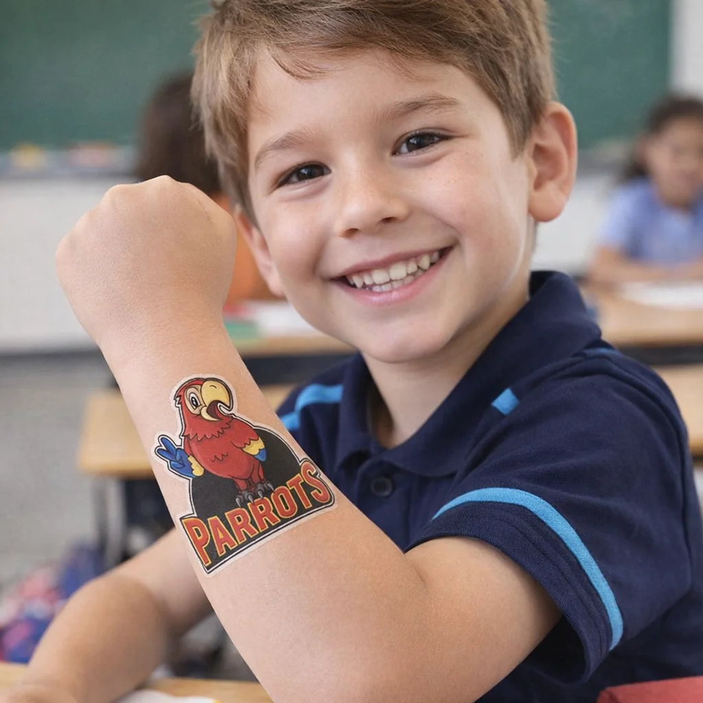 Smiling boy shows off a Temporary Tattoos 38mm x 38mm on his forearm in class.