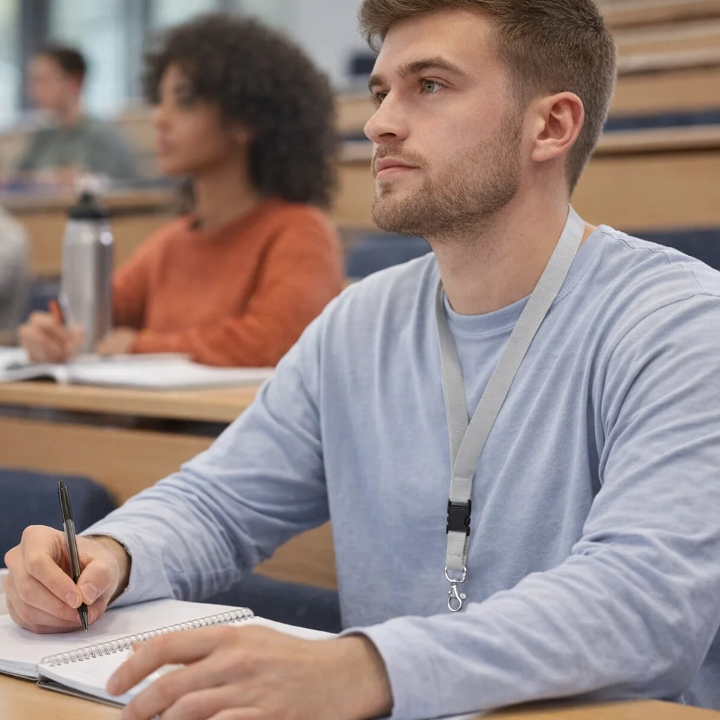 Young man with a Looptag Lanyards 20Mm taking notes in a lecture hall among students.